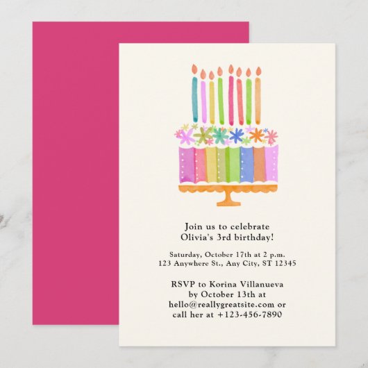 Invitation d'anniversaire de fille rose (Devant / Derrière)