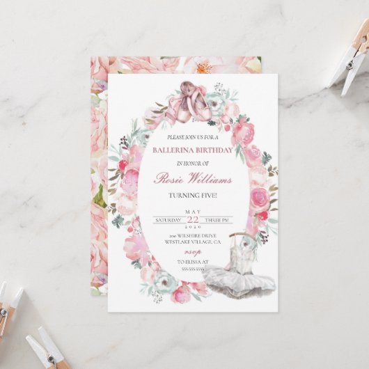 Invitation d'anniversaire de fille rose Ballerina (Devant/Arrière en situation)