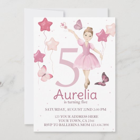 Invitation d'anniversaire de fille rose Ballerina (Devant)
