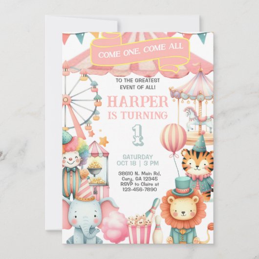Invitation d'anniversaire de fille rose de carnava (Devant)