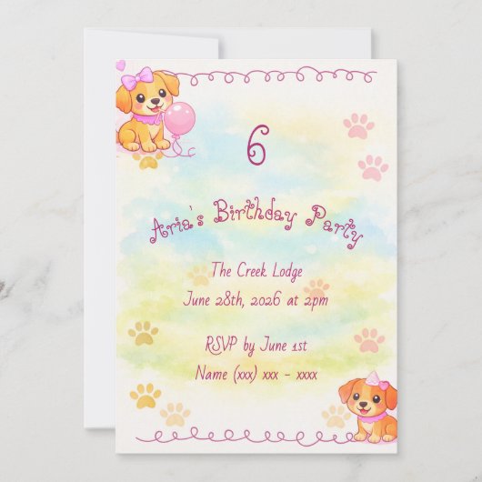 Invitation d'anniversaire de fille thème chiot (Devant)