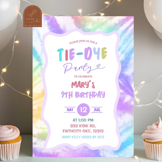 Invitation d'anniversaire de fille tie-dye colorée