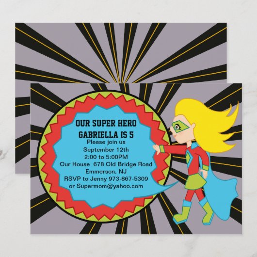 Invitation d'anniversaire de filles de superhéros (Devant / Derrière)