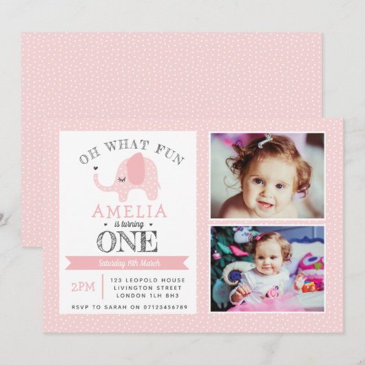 Invitation d'anniversaire de filles d'éléphant (Devant / Derrière)