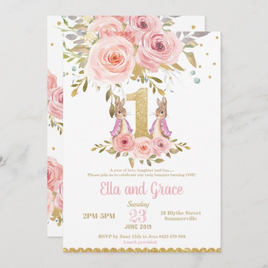 Invitation d'anniversaire de filles jumelles de (Devant / Derrière)