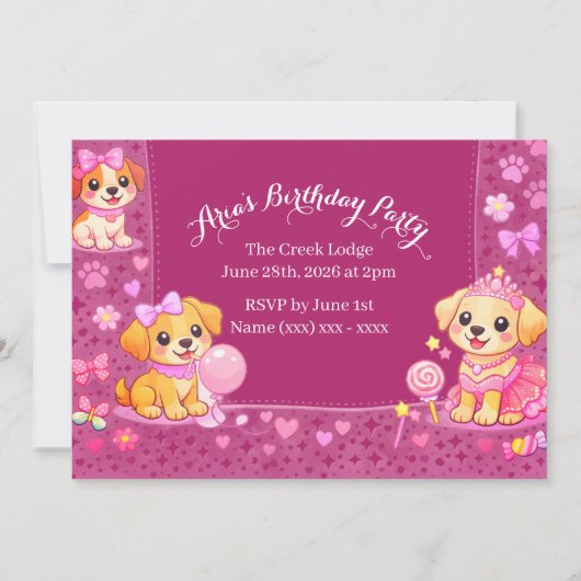 Invitation d'anniversaire de filles thème chiot (Devant)