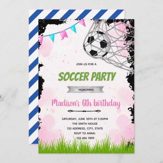 Invitation d'anniversaire de foot fille (Devant / Derrière)