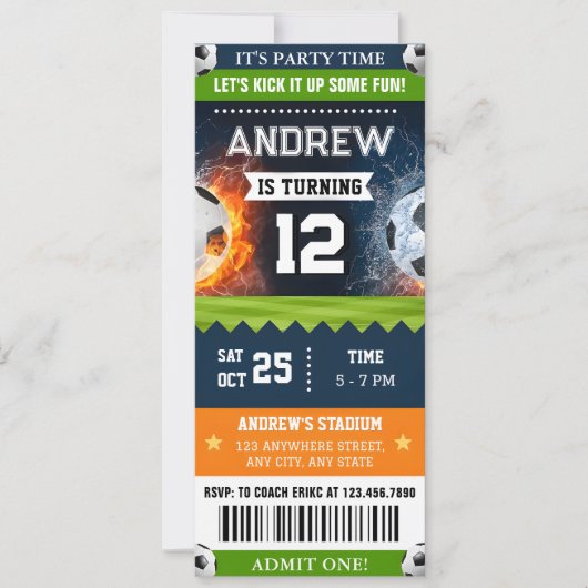 Invitation d'anniversaire de football avec billet (Devant)