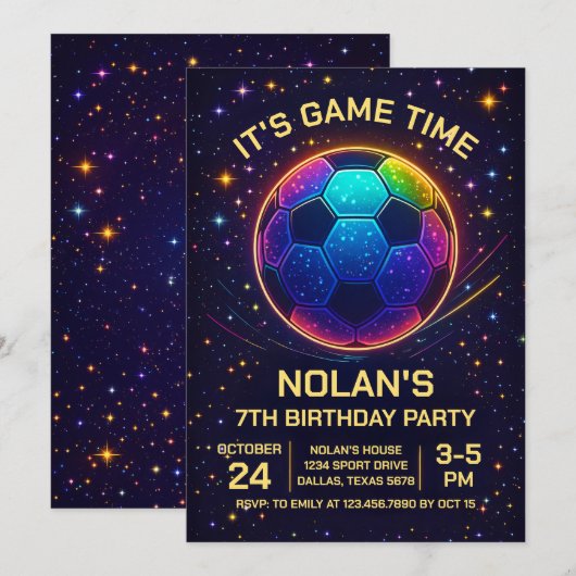 Invitation d'anniversaire de football néon (Devant / Derrière)