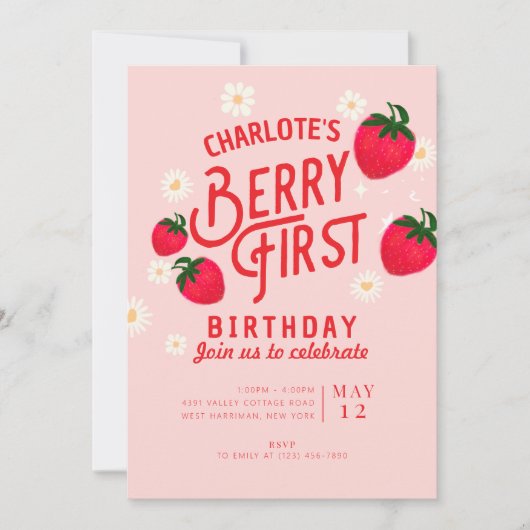 Invitation d'anniversaire de fraise (Devant)