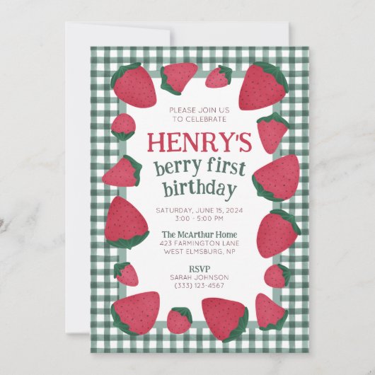 Invitation d'anniversaire de fraise pour garçon ou (Devant)