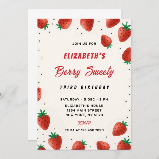 Invitation d'anniversaire de fraises (Devant / Derrière)
