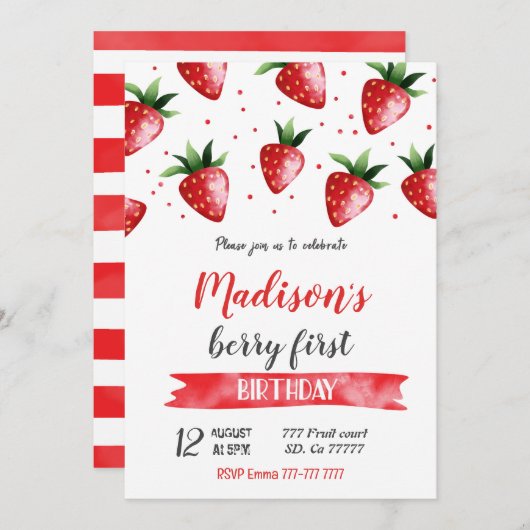 Invitation d'anniversaire de fraises (Devant / Derrière)