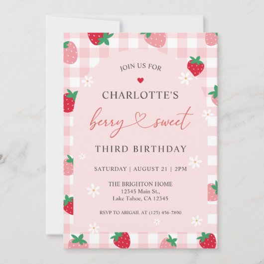 Invitation d'anniversaire de fraises (Devant)