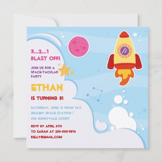Invitation d'anniversaire de fusée spatiale (Devant)