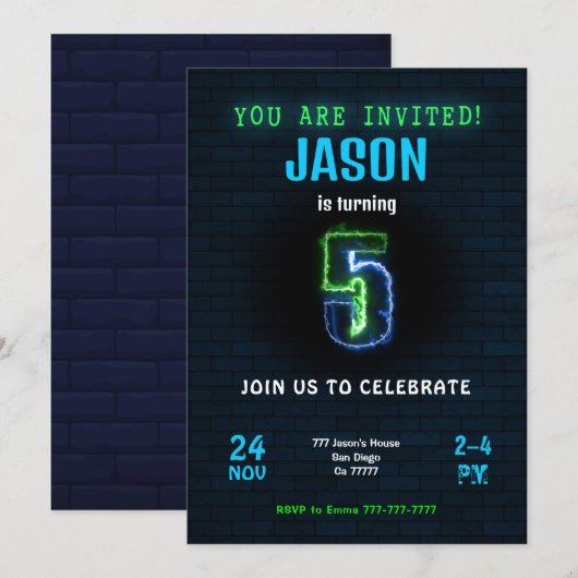 Invitation d'anniversaire de garçon 5 ans (Devant / Derrière)