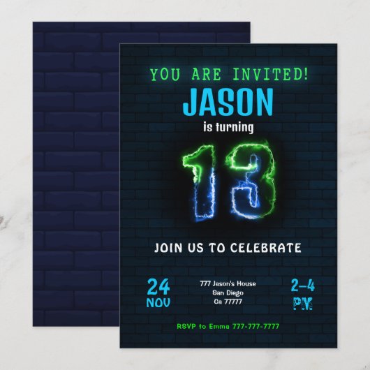 Invitation d'anniversaire de garçon de 13 ans (Devant / Derrière)