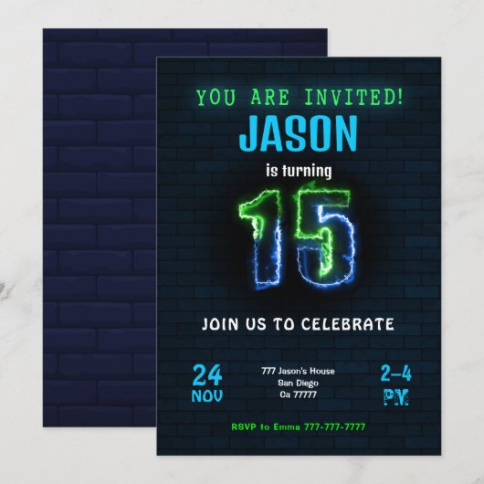 Invitation d'anniversaire de garçon de 15 ans (Devant / Derrière)