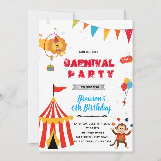 Invitation d'anniversaire de garçon de carnaval de (Devant)