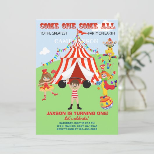 Invitation d'anniversaire de garçon de cirque, inv (Debout devant)