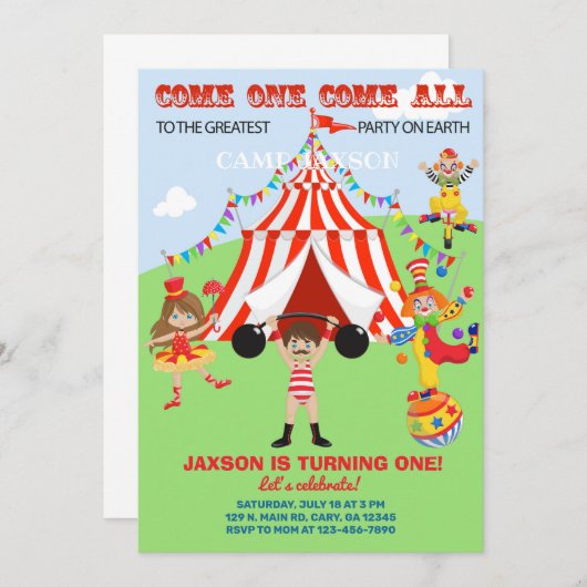 Invitation d'anniversaire de garçon de cirque, inv (Devant / Derrière)
