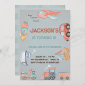 Invitation d'anniversaire de garçon de transport. (Devant / Derrière)