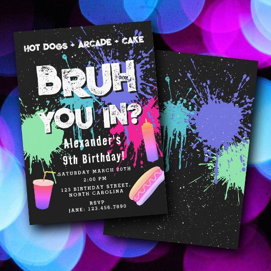 Invitation d'anniversaire de garçons Bruh Néon Gra