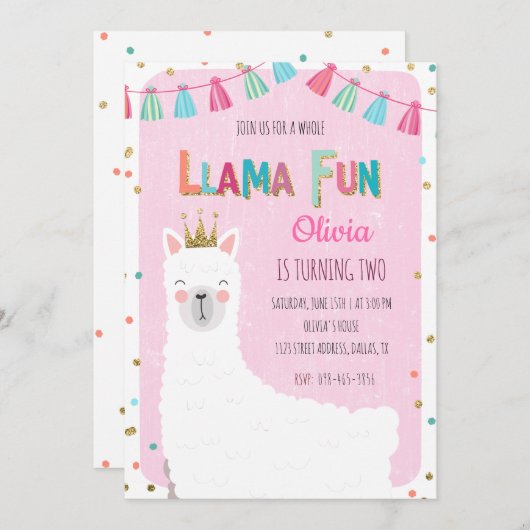 Invitation d'anniversaire de Girl Llama (Devant / Derrière)