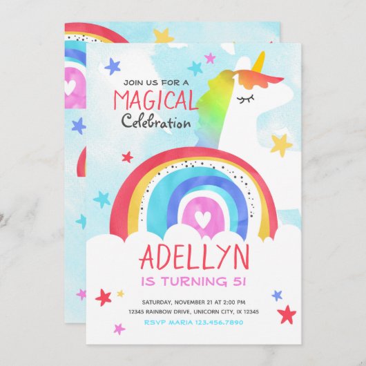 Invitation d'anniversaire de Girl Unicorn et Rainb (Devant / Derrière)