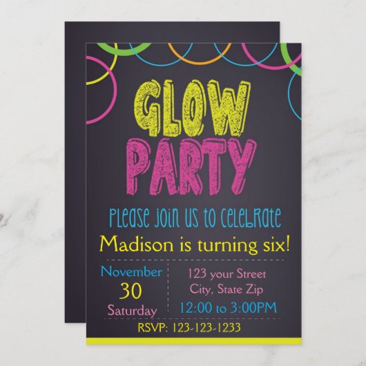 Invitation d'anniversaire de Glow Party (Devant / Derrière)