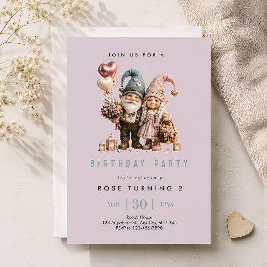 Invitation d'anniversaire de Gnome Rose Fantaisist