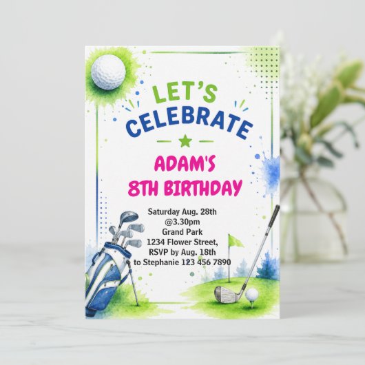 Invitation d'anniversaire de golf aquarelle (Debout devant)