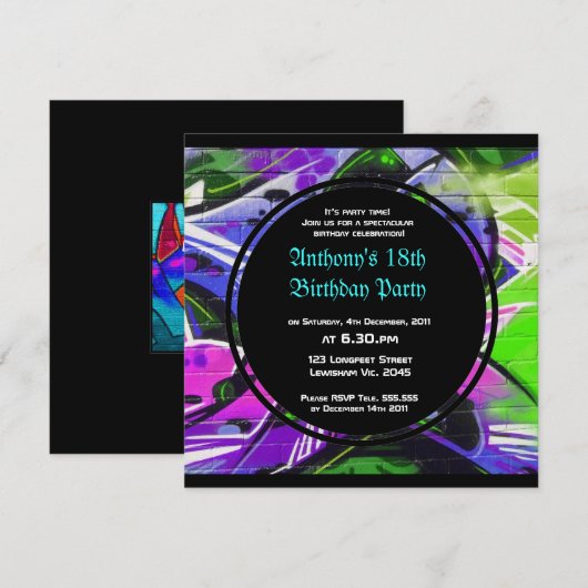 Invitation d'anniversaire de graffiti (Devant / Derrière)