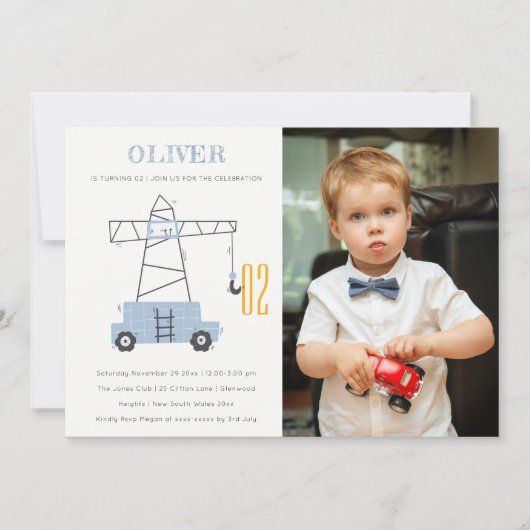 Invitation d'anniversaire de grue de construction (Devant)