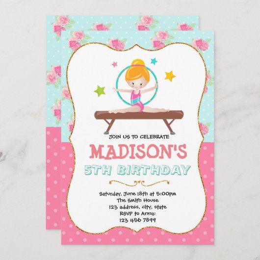 Invitation d'anniversaire de gymnastique mignonne (Devant / Derrière)