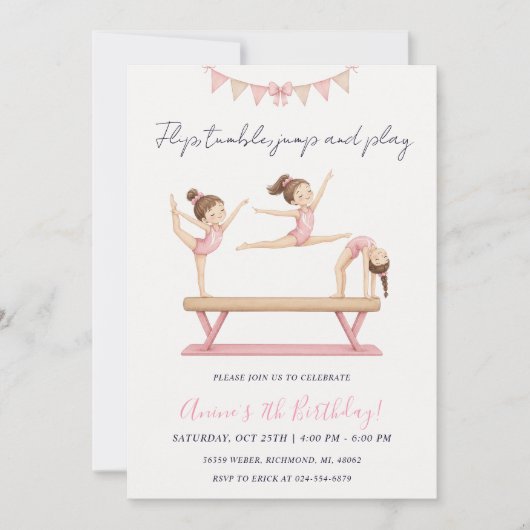 Invitation d'anniversaire de gymnastique rose pers (Devant)