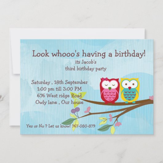 Invitation d'anniversaire de hibou (Devant)