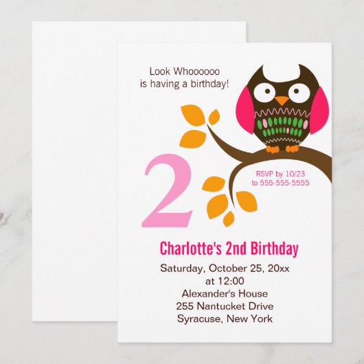 Invitation d'anniversaire de hibou pour les filles (Devant / Derrière)