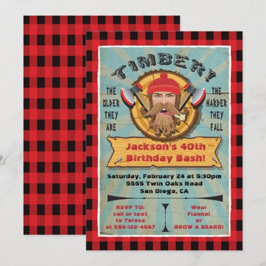 Invitation d'anniversaire de hipster à barbe de bû (Devant / Derrière)