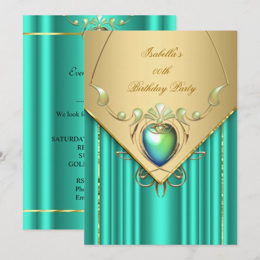 Invitation d'anniversaire de Jade Vert Émeraude Or (Devant / Derrière)