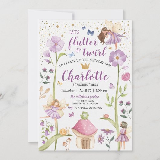 Invitation d'anniversaire de jardin de fée enchant (Devant)