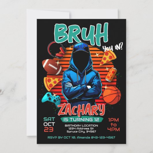 Invitation d'anniversaire de jeu Bruh (Devant)