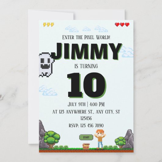 Invitation d'anniversaire de jeu pixel pour garçon (Devant)
