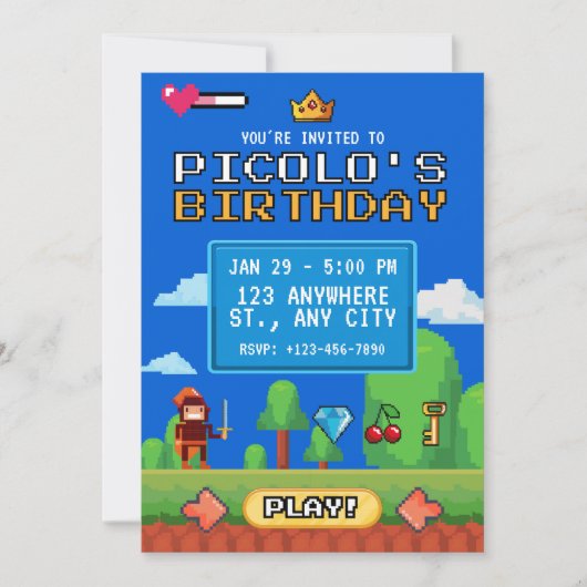Invitation d'anniversaire de jeu vidéo rétro 8 bit (Devant)