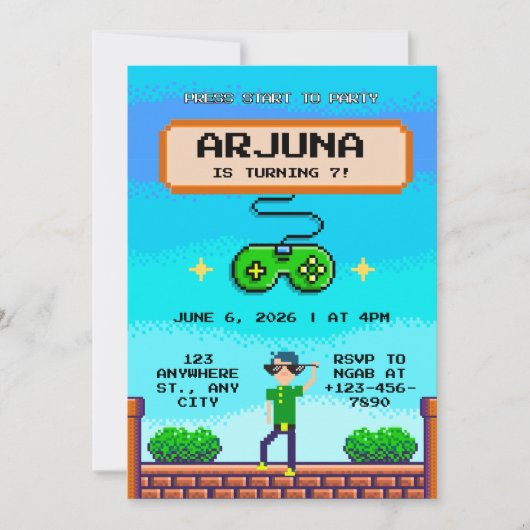 Invitation d'anniversaire de jeu vidéo rétro pixel (Devant)