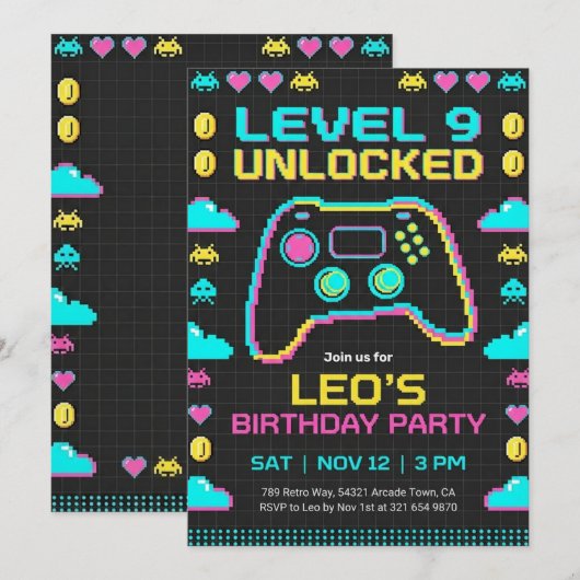 Invitation d'anniversaire de jeu vidéo rétro Pixel (Devant / Derrière)