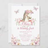Invitation d'anniversaire de joli poney floral boh (Devant)