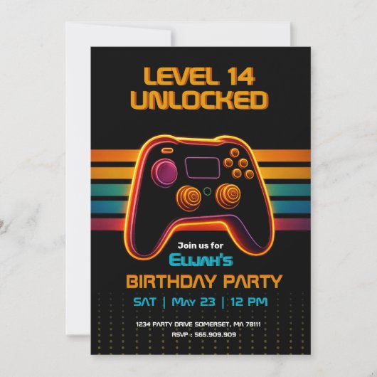 Invitation d'anniversaire de joueur - Jeu néon (Devant)