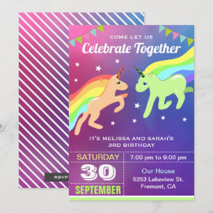 Invitation d'anniversaire de jumeaux licorne migno
