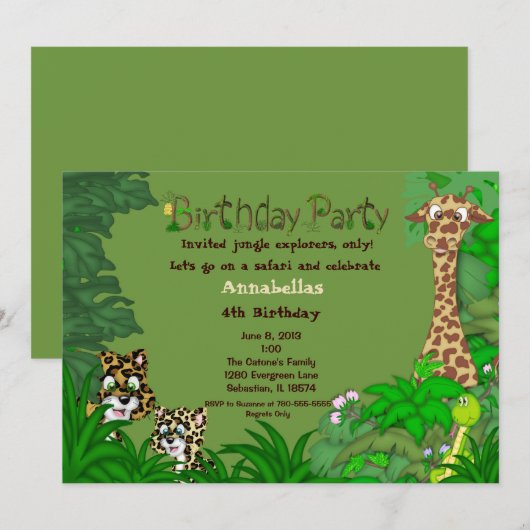 Invitation d'anniversaire de jungle de safari (Devant / Derrière)